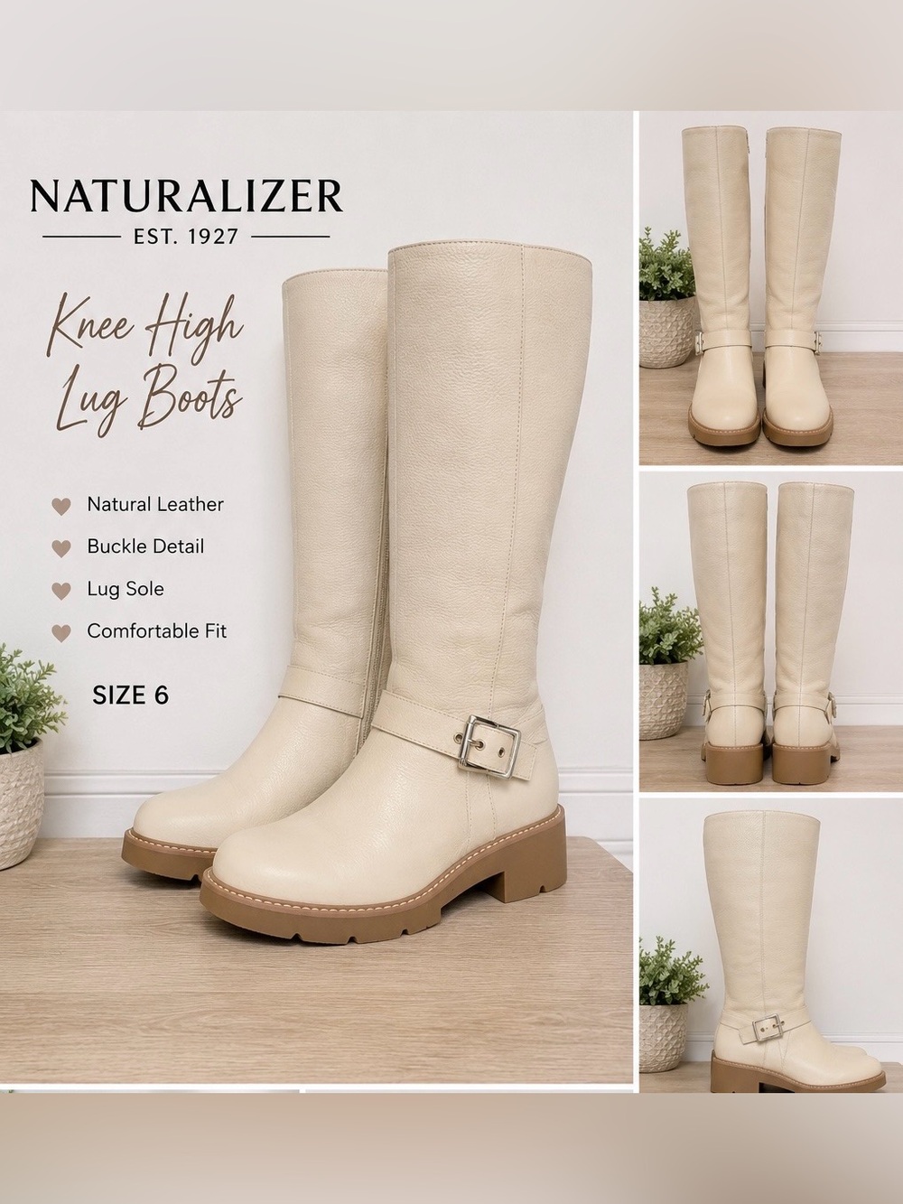 Naturalizer Cream Leather Knee-High Lug Boots with Buckle